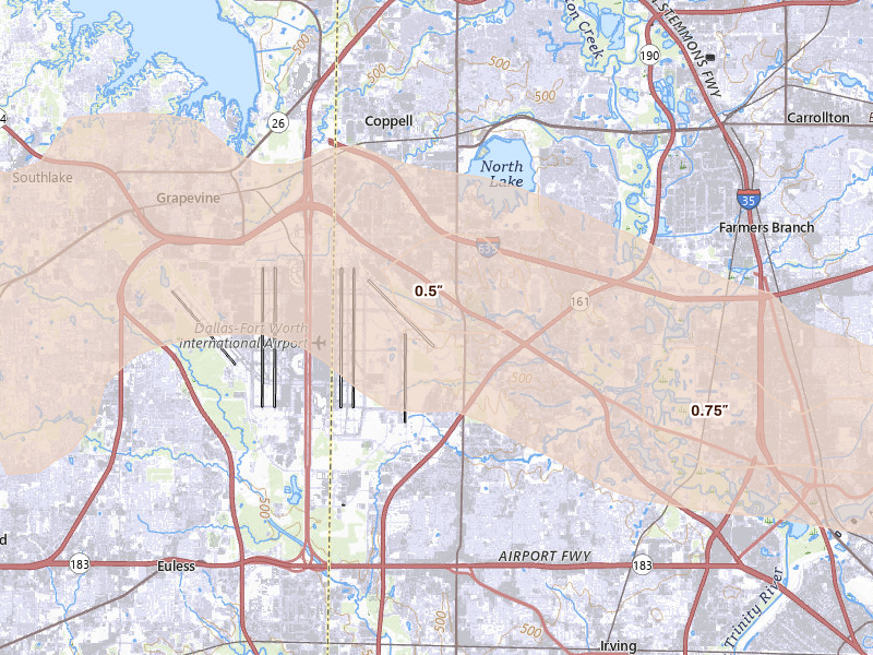 Radar-estimated hail-size map of the storm over Irving, TX on Apr 28, 2026