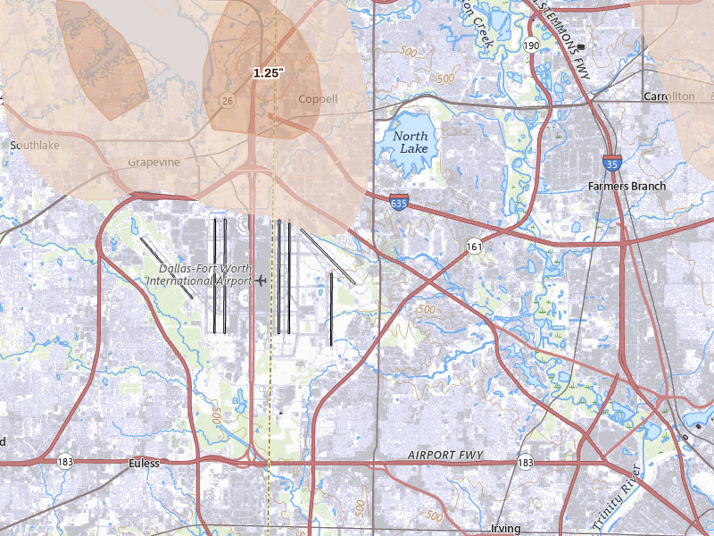 Radar-estimated hail-size map of the storm over Irving, TX on May 22, 2026