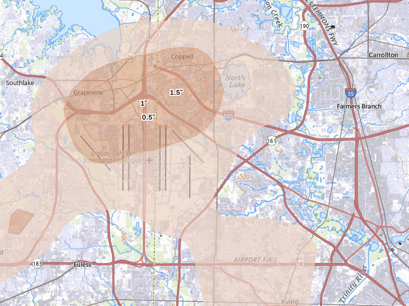 Radar-estimated hail-size map of the storm over Irving, TX on Jun 2, 2026