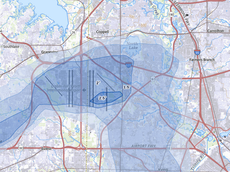 NEXRAD radar-signature map of the hail over Irving, TX