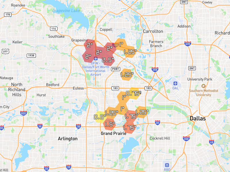 Hail map of Irving, TX on Jun 2, 2026, hail up to 2.5"