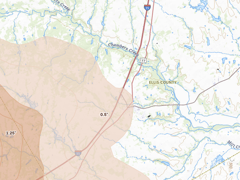 Radar-estimated hail-size map of the storm over Italy, TX on Apr 28, 2026