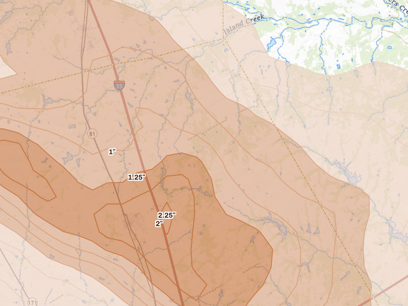 Radar-estimated hail-size map of the storm over Itasca, TX on Apr 28, 2026