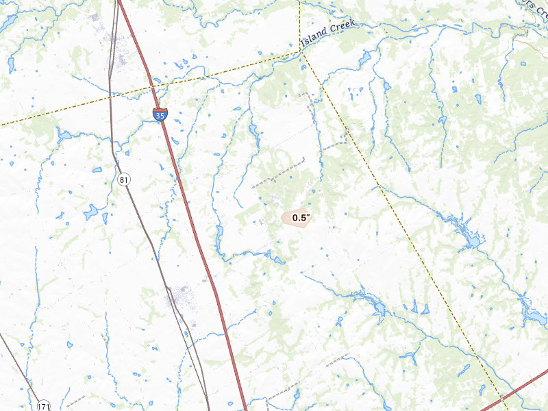 Radar-estimated hail-size map of the storm over Itasca, TX on Jun 2, 2026
