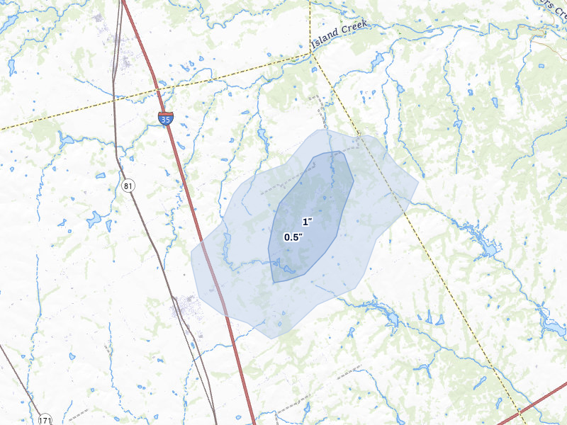 NEXRAD radar-signature map of the hail over Itasca, TX