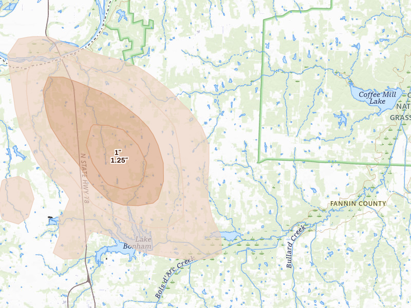 Radar-estimated hail-size map of the storm over Ivanhoe, TX on Jun 22, 2026