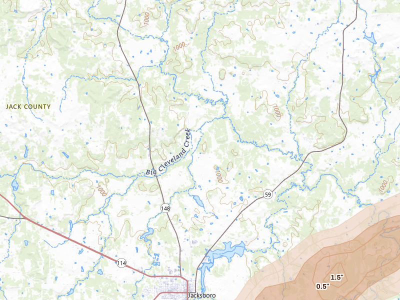 Radar-estimated hail-size map of the storm over Jacksboro, TX on Mar 4, 2026
