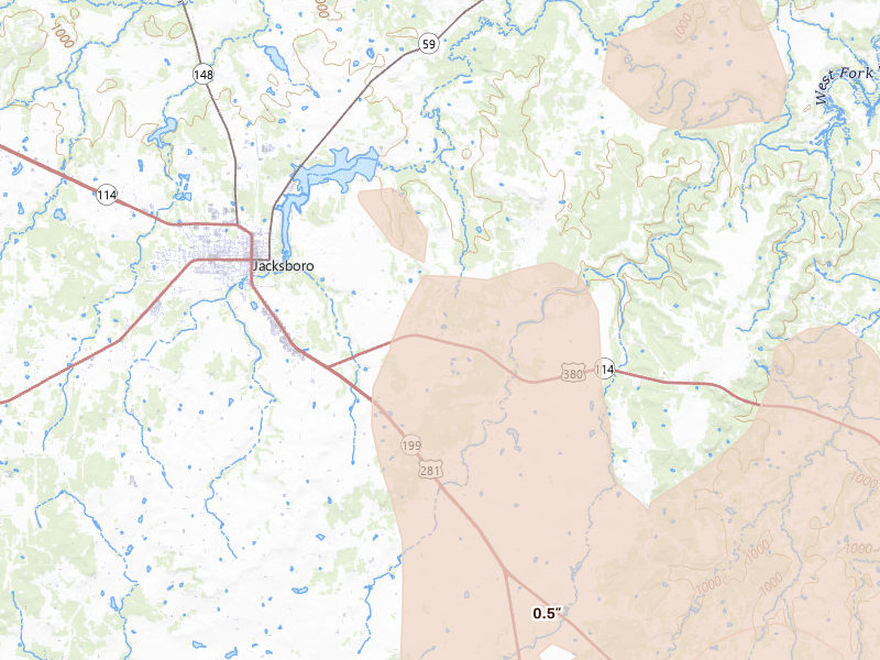 Radar-estimated hail-size map of the storm over Jacksboro, TX on Mar 10, 2026