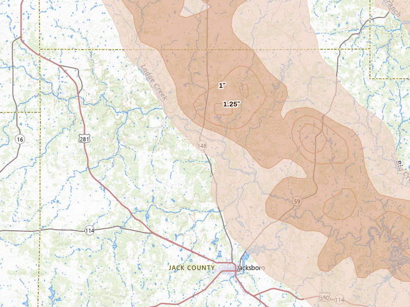 Radar-estimated hail-size map of the storm over Jacksboro, TX on Apr 25, 2026