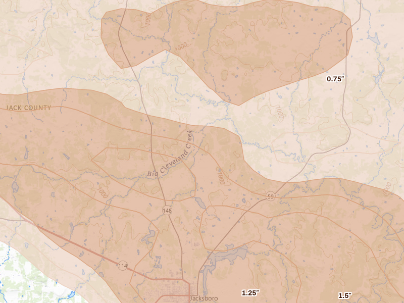 Radar-estimated hail-size map of the storm over Jacksboro, TX on Apr 28, 2026