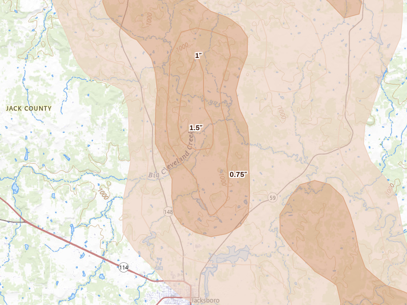 Radar-estimated hail-size map of the storm over Jacksboro, TX on May 8, 2026