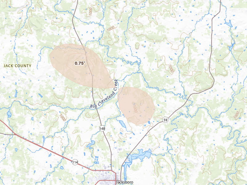 Radar-estimated hail-size map of the storm over Jacksboro, TX on May 25, 2026