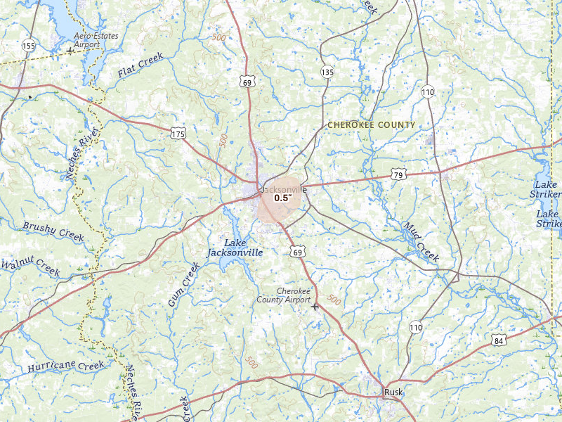 Radar-estimated hail-size map of the storm over Jacksonville, TX on Jan 9, 2026