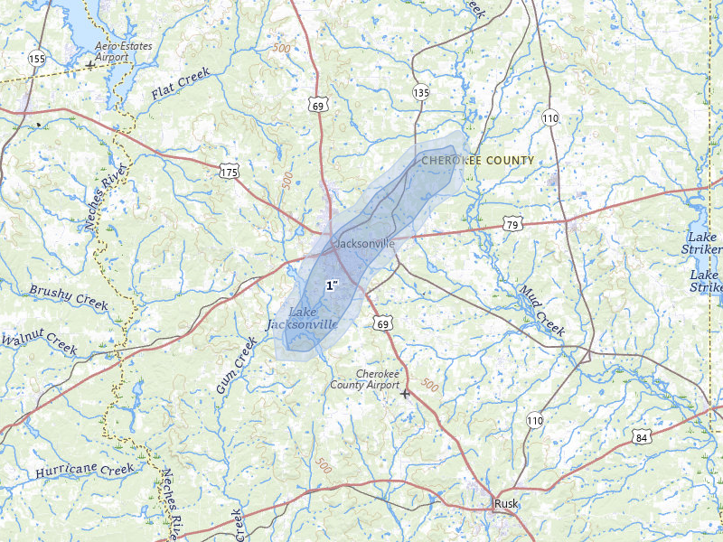 NEXRAD radar-signature map of the hail storm over Jacksonville, TX on Jan 9, 2026