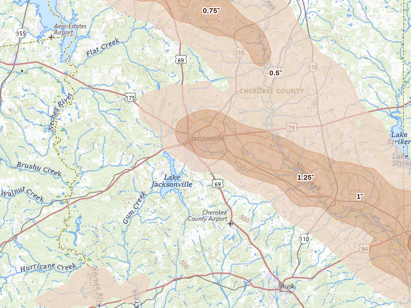 Radar-estimated hail-size map of the storm over Jacksonville, TX on Mar 15, 2026