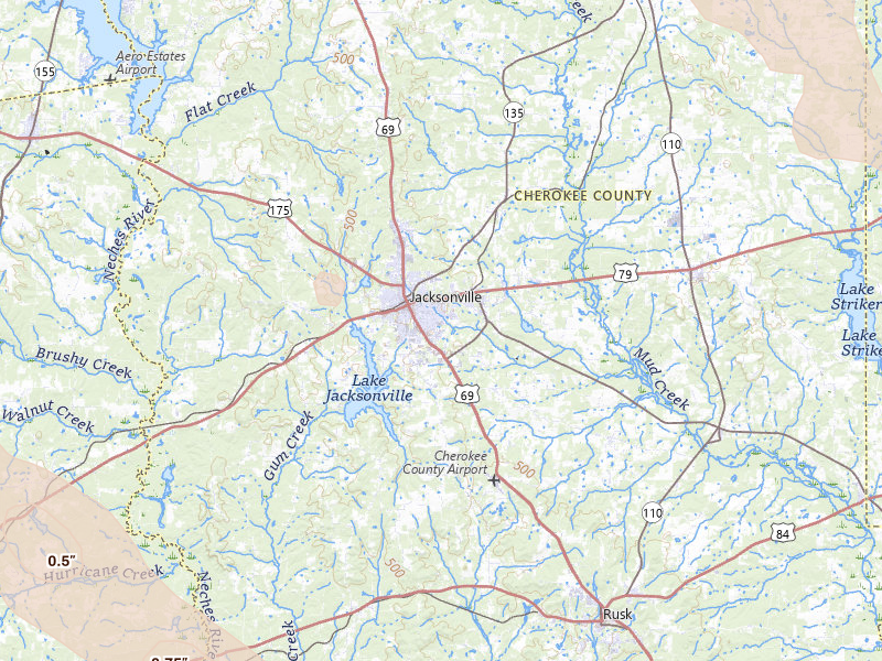 Radar-estimated hail-size map of the storm over Jacksonville, TX on Apr 24, 2026