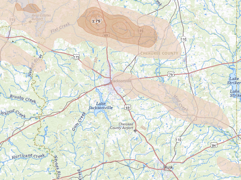Radar-estimated hail-size map of the storm over Jacksonville, TX on Apr 29, 2026