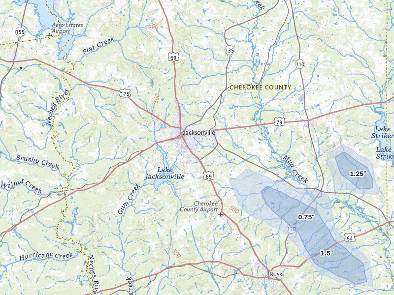 NEXRAD radar-signature map of the hail storm over Jacksonville, TX on Apr 29, 2026