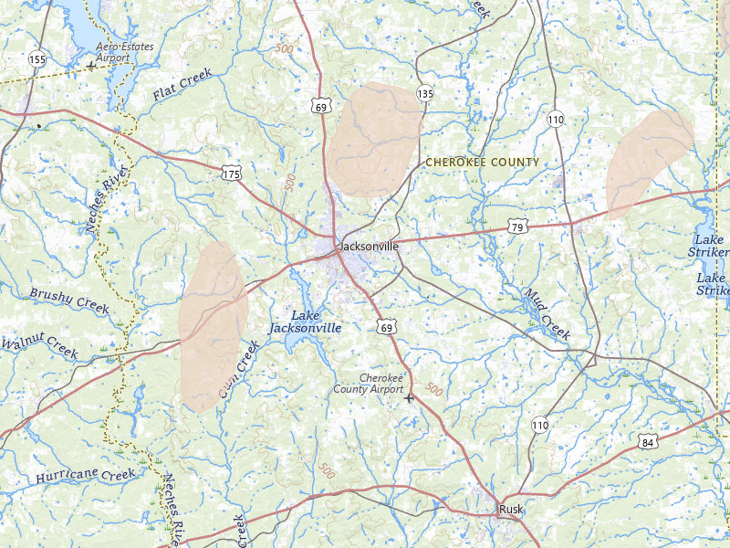 Radar-estimated hail-size map of the storm over Jacksonville, TX on May 22, 2026
