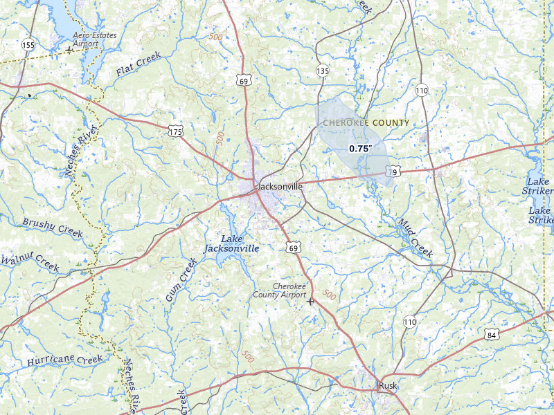 NEXRAD radar-signature map of the hail storm over Jacksonville, TX on May 25, 2026