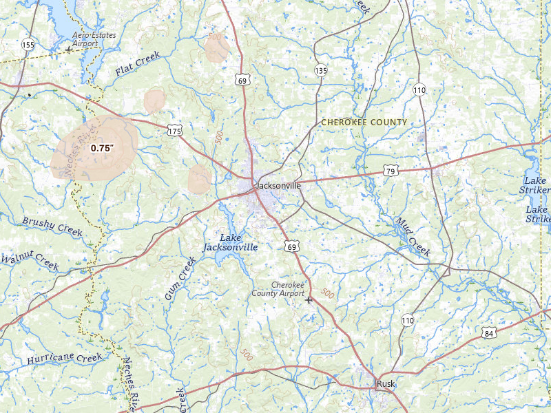 Radar-estimated hail-size map of the storm over Jacksonville, TX on Jun 2, 2026