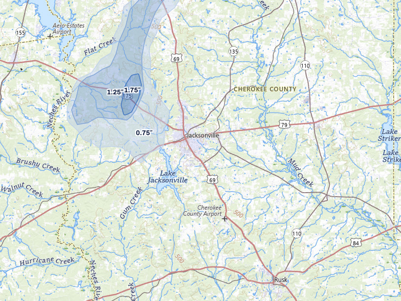 NEXRAD radar-signature map of the hail over Jacksonville, TX