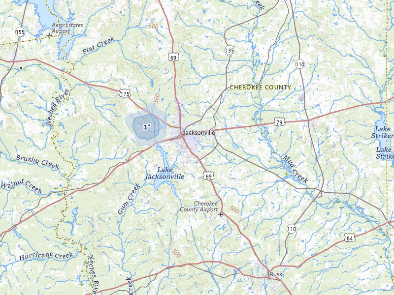 NEXRAD radar-signature map of the hail over Jacksonville, TX