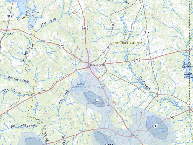 NEXRAD radar-signature map of the hail storm over Jacksonville, TX on Jul 5, 2026