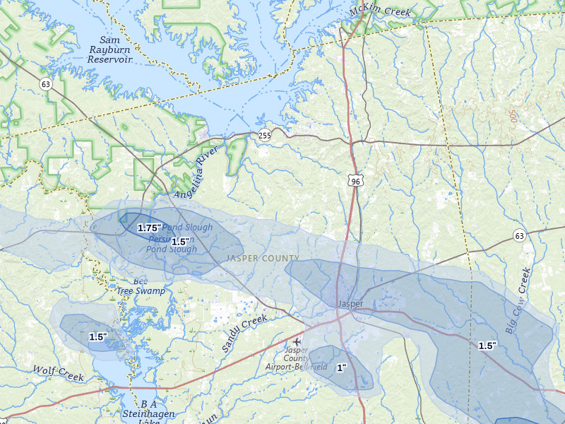 NEXRAD radar-signature map of the hail storm over Jasper, TX on Apr 29, 2026