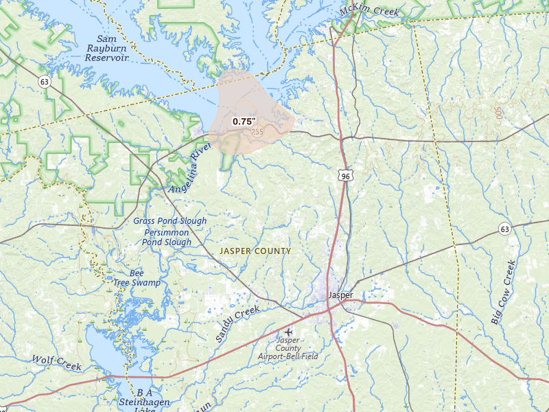 Radar-estimated hail-size map of the storm over Jasper, TX on May 10, 2026