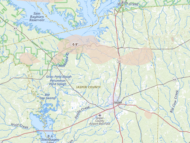 Radar-estimated hail-size map of the storm over Jasper, TX on Jun 2, 2026
