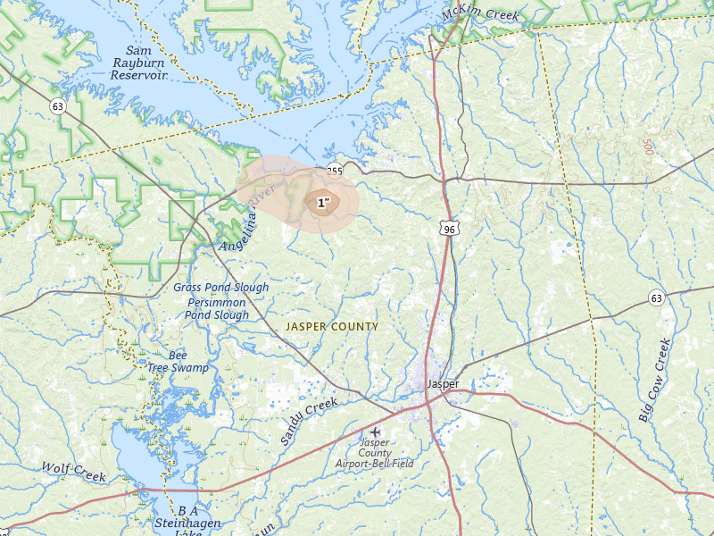 Radar-estimated hail-size map of the storm over Jasper, TX on Jul 1, 2026