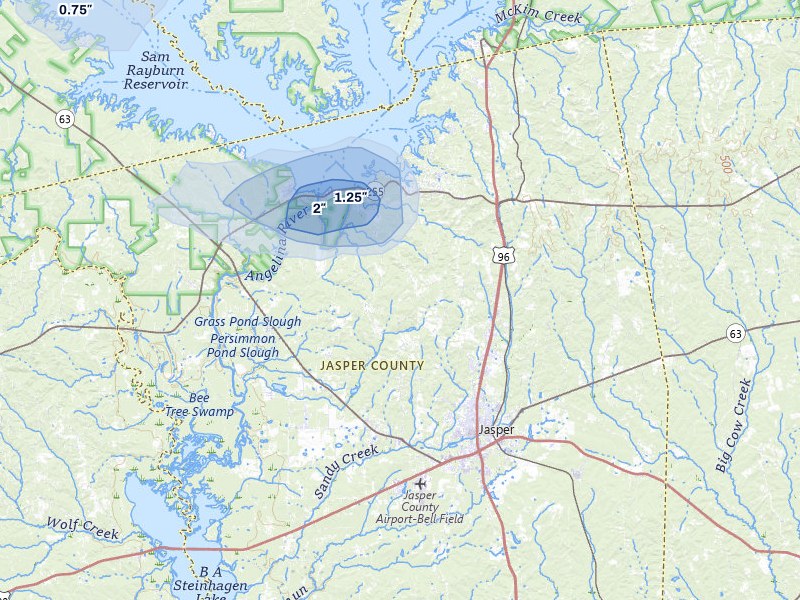 NEXRAD radar-signature map of the hail storm over Jasper, TX on Jul 1, 2026