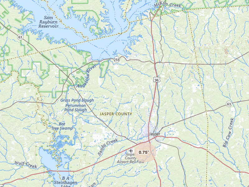 Radar-estimated hail-size map of the storm over Jasper, TX on Jul 6, 2026