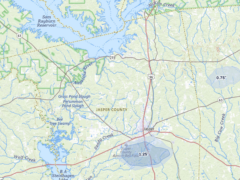 NEXRAD radar-signature map of the hail storm over Jasper, TX on Jul 6, 2026