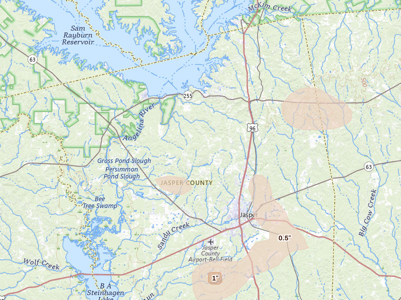 Radar-estimated hail-size map of the storm over Jasper, TX on Jul 7, 2026