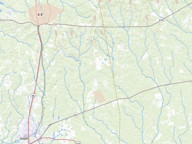 Radar-estimated hail-size map of the storm over Jasper, TX on Aug 22, 2026