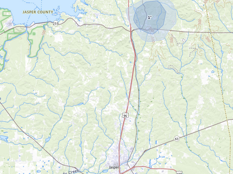NEXRAD radar-signature map of the hail storm over Jasper, TX on Aug 22, 2026