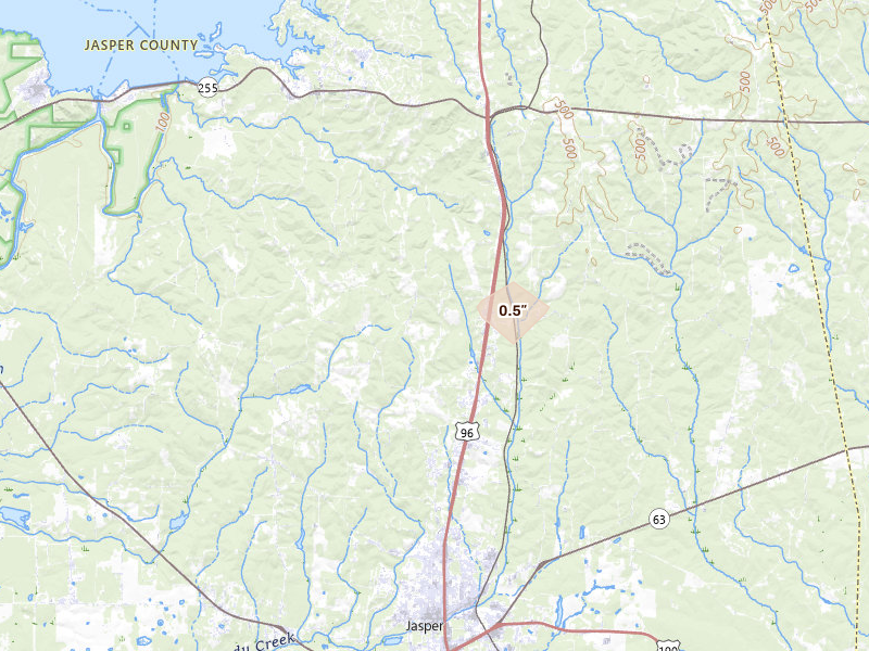 Radar-estimated hail-size map of the storm over Jasper, TX on Aug 27, 2026