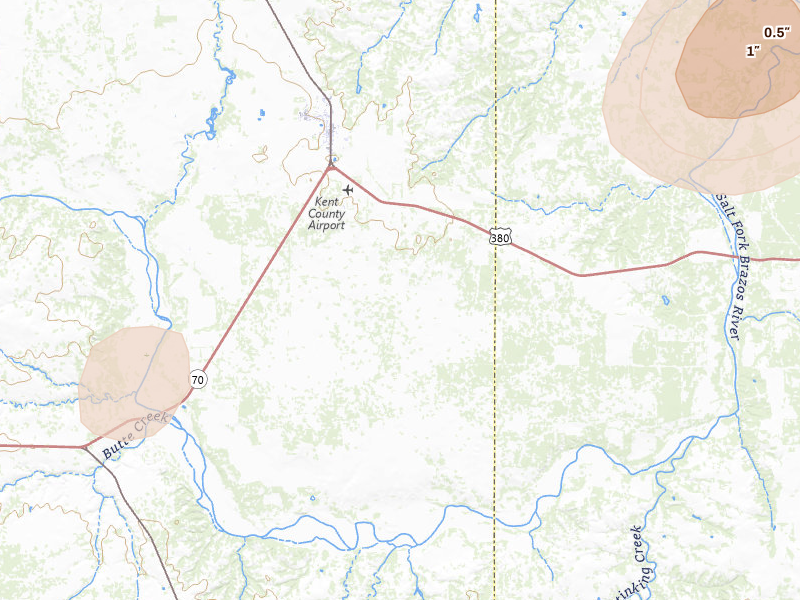 Radar-estimated hail-size map of the storm over Jayton, TX on Jul 5, 2026