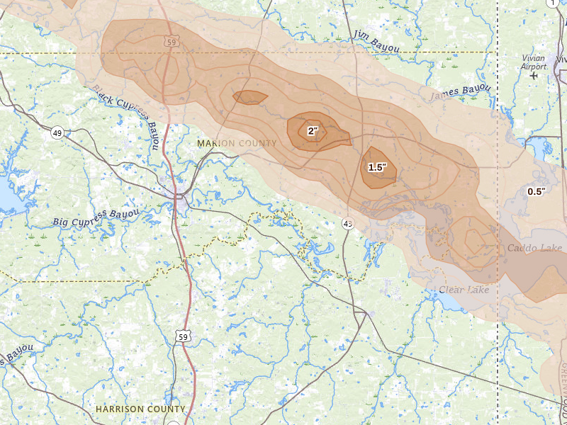 Radar-estimated hail-size map of the storm over Jefferson, TX on Mar 15, 2026