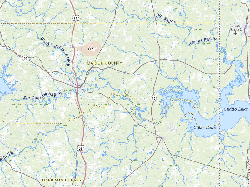 Radar-estimated hail-size map of the storm over Jefferson, TX on Apr 25, 2026