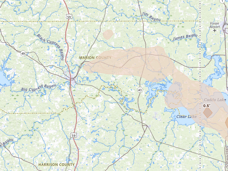 Radar-estimated hail-size map of the storm over Jefferson, TX on Apr 26, 2026