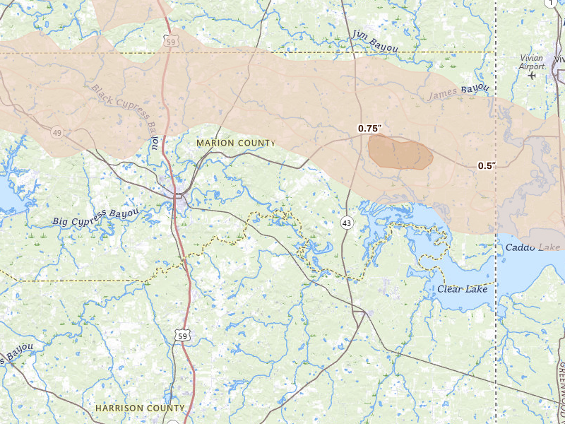 Radar-estimated hail-size map of the storm over Jefferson, TX on Apr 29, 2026