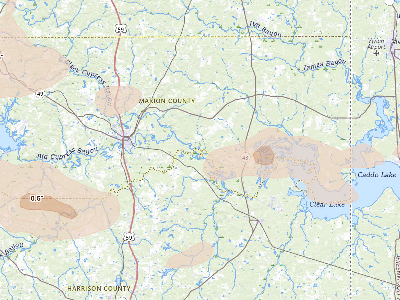 Radar-estimated hail-size map of the storm over Jefferson, TX on May 8, 2026
