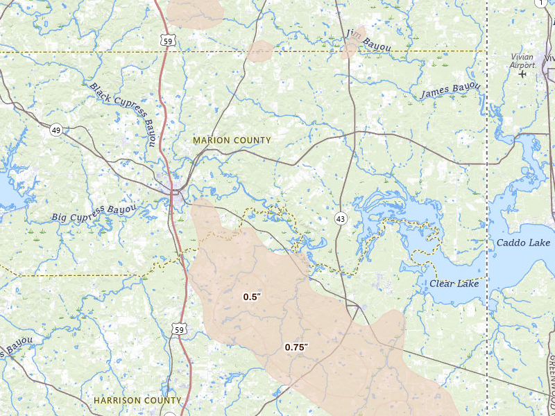 Radar-estimated hail-size map of the storm over Jefferson, TX on Jun 23, 2026