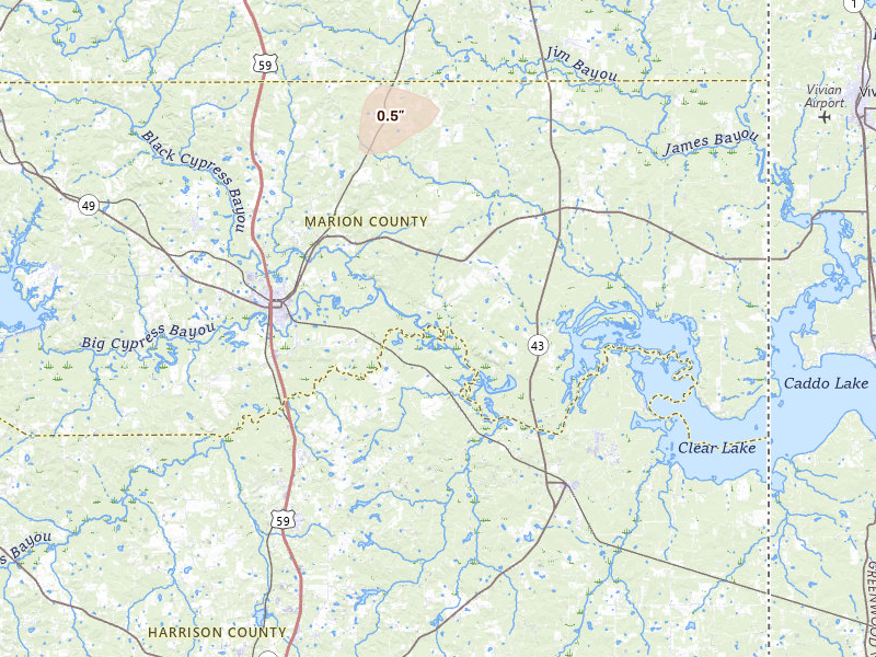 Radar-estimated hail-size map of the storm over Jefferson, TX on Jul 3, 2026