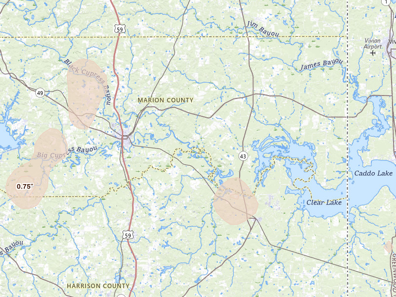 Radar-estimated hail-size map of the storm over Jefferson, TX on Jul 4, 2026