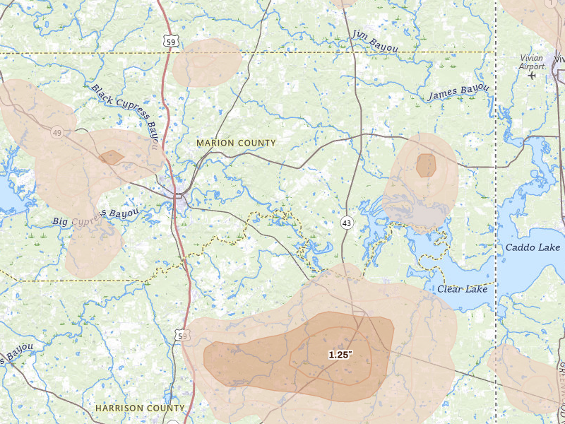 Radar-estimated hail-size map of the storm over Jefferson, TX on Jul 6, 2026