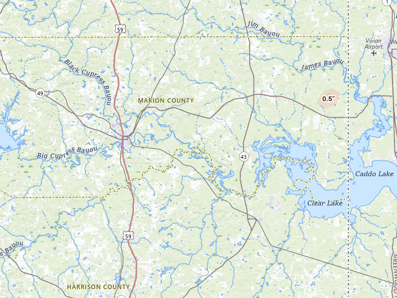 Radar-estimated hail-size map of the storm over Jefferson, TX on Jul 12, 2026